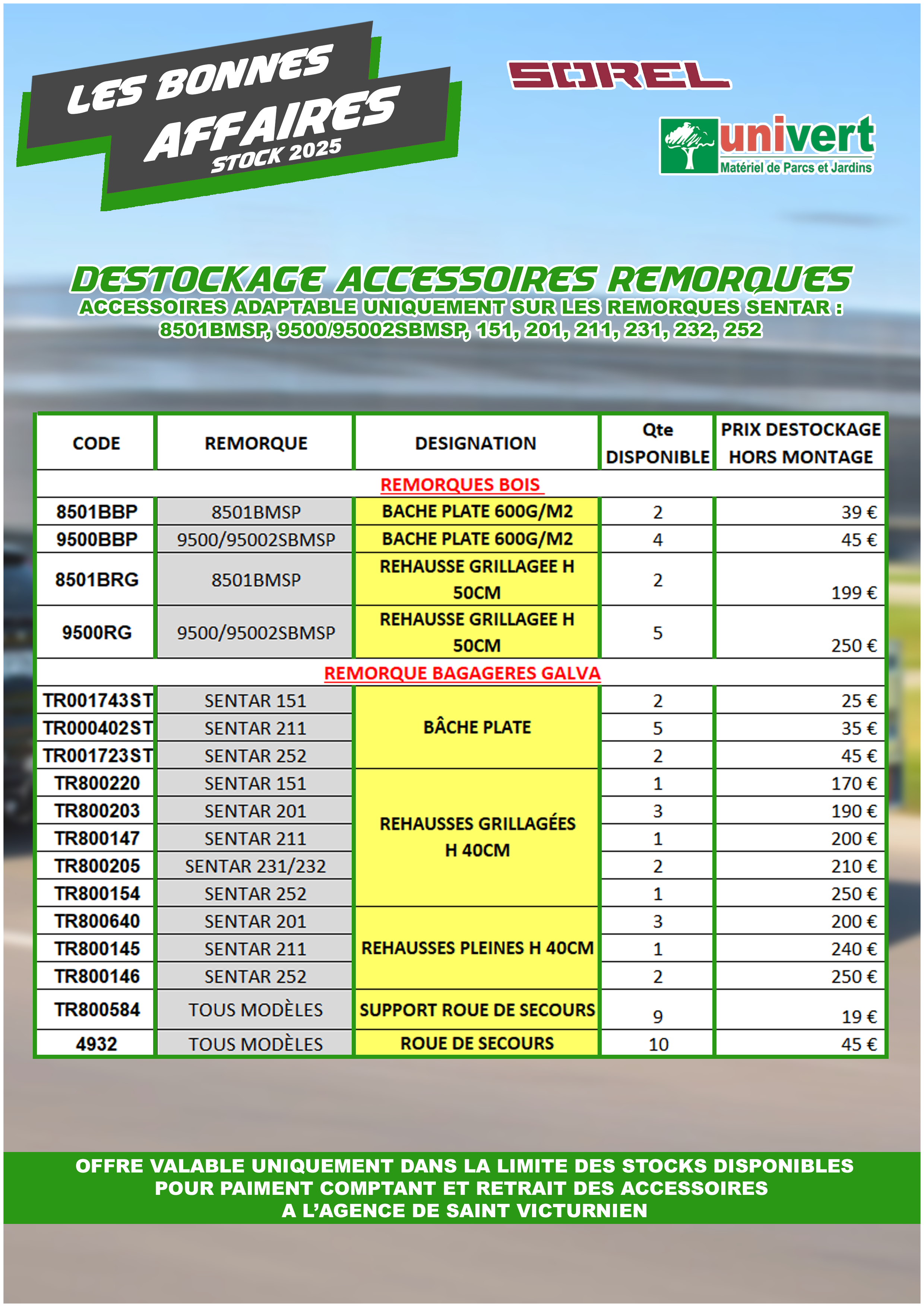 DESTOCKAGE ACCESSOIRES REMORQUES SOREL